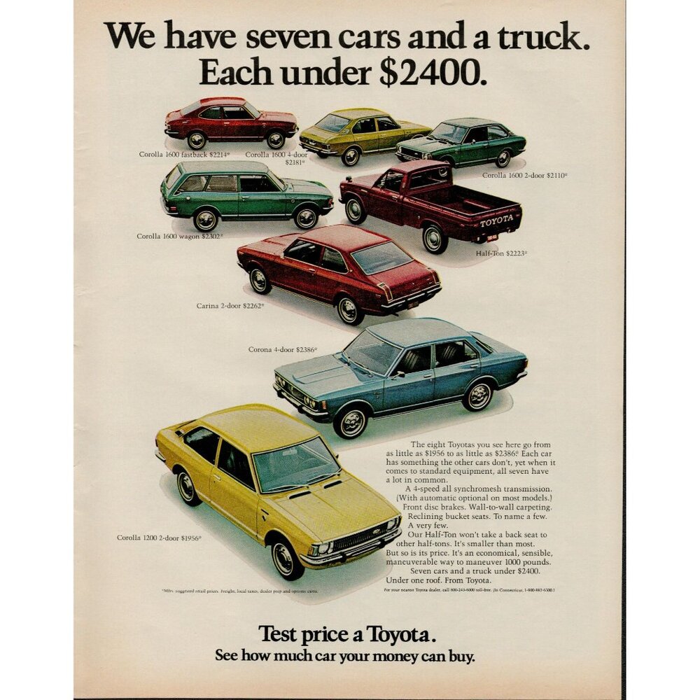 1972 Toyota Vehicles Vintage Print Ad Corolla,Corina,Corona (L22)